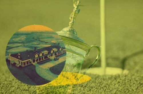 Trophée de golf posé sur l’herbe, avec une scène de parcours en surimpression
