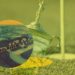 Trophée de golf posé sur l’herbe, avec une scène de parcours en surimpression