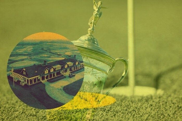 Trophée de golf posé sur l’herbe, avec une scène de parcours en surimpression